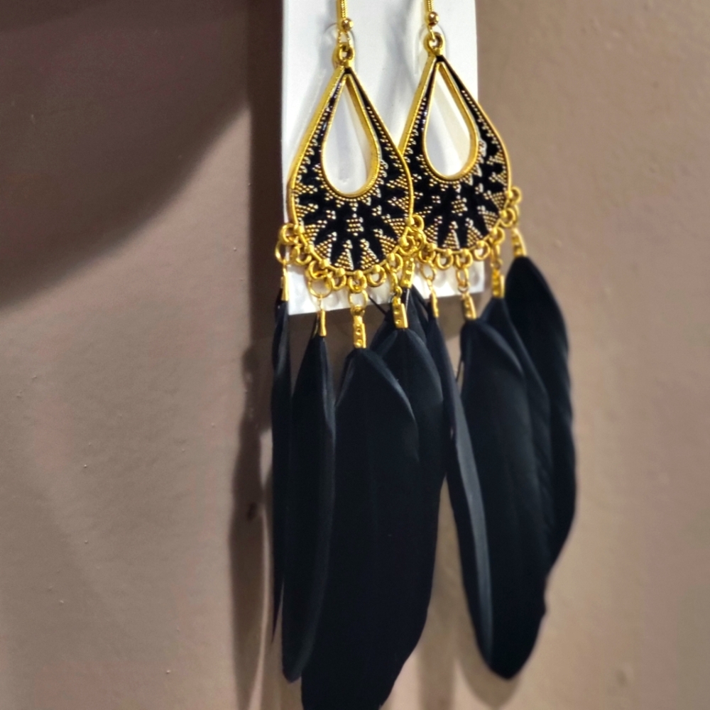 Long Black and Gold Feather Earrings *3/$30 Sale*